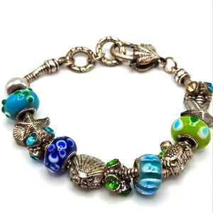 VINTAGE Ocean Theme Lampwork Beads Glass Slide Charm Bracelet Beach